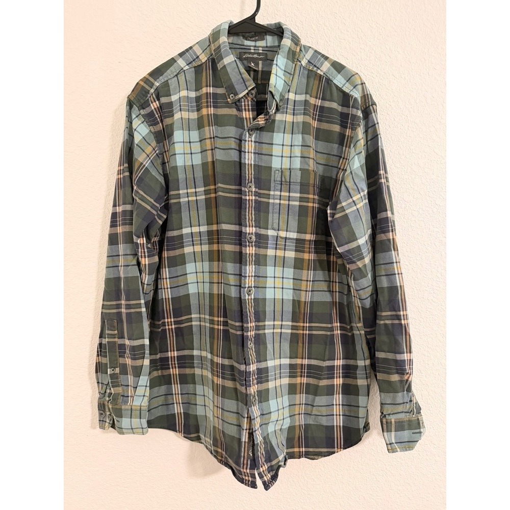 Eddie Bauer Mens Classic Fit Plaid Flannel Shirt Green Blue Yellow Cotton L